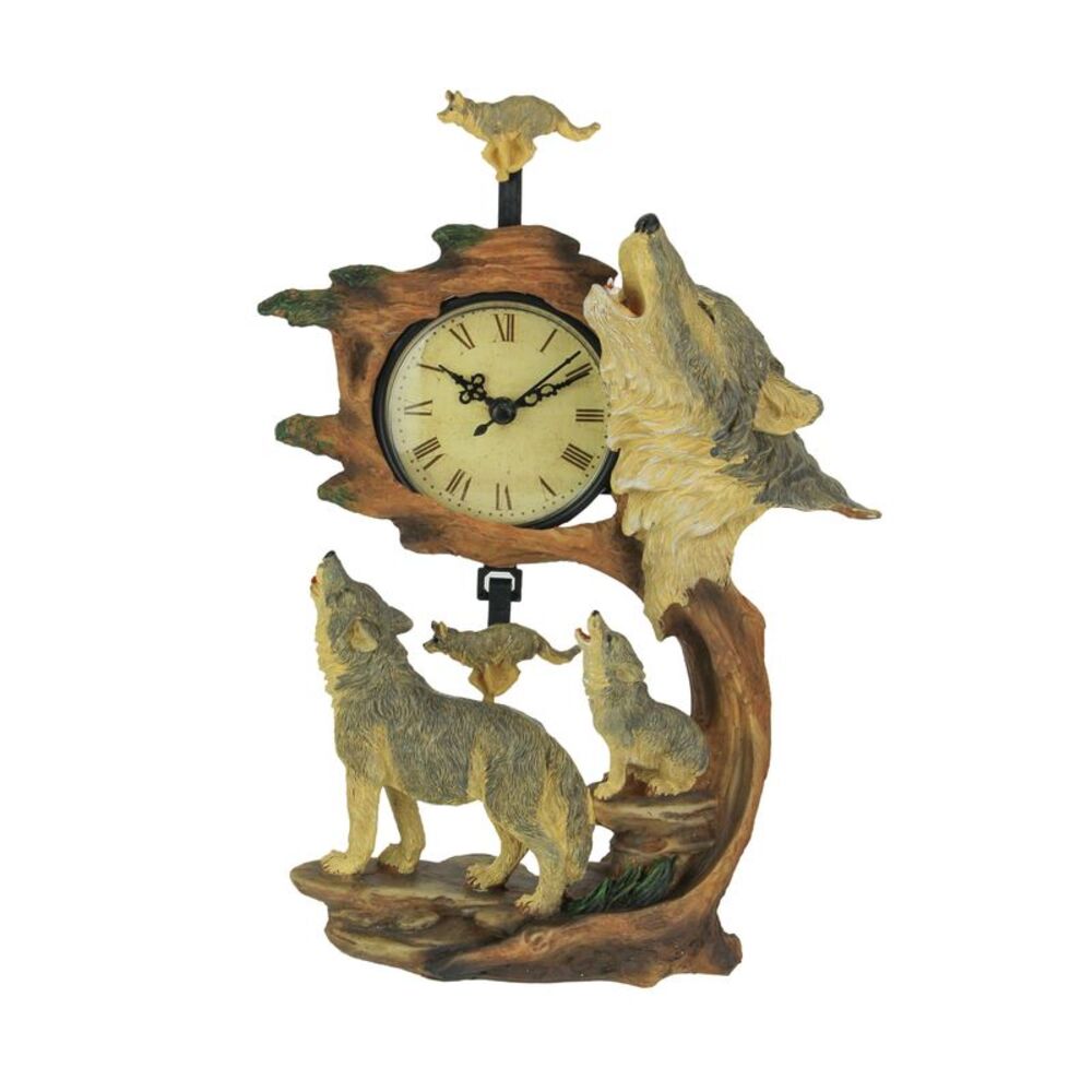 Howling Wolf Family Hand Painted Pendulum Table / Mantel Clock